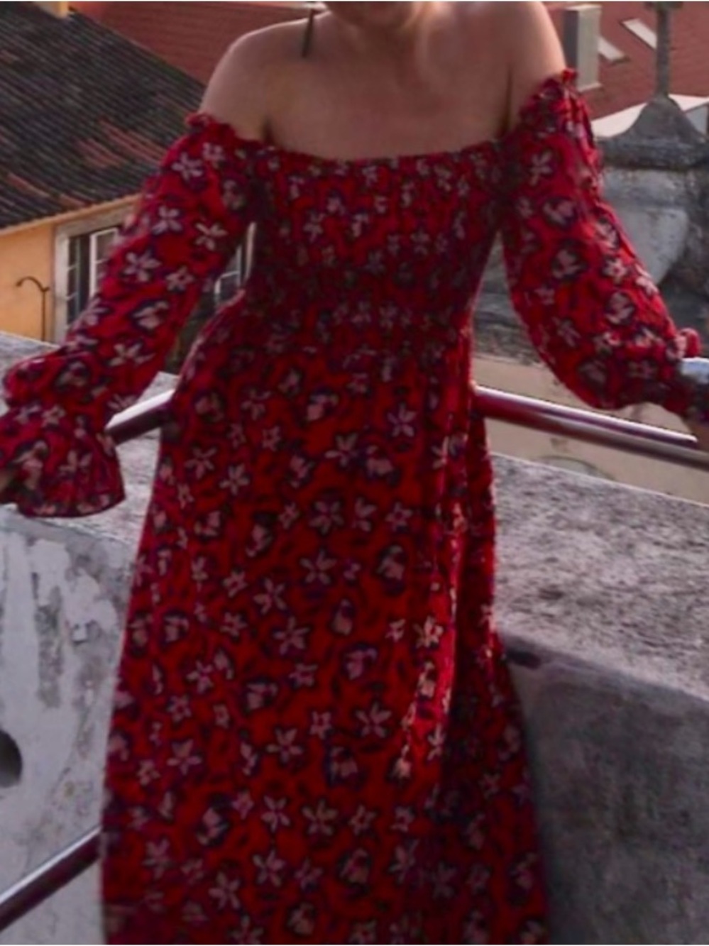 Who What Wear Red, Navy & Blush Smocked Floral Dress